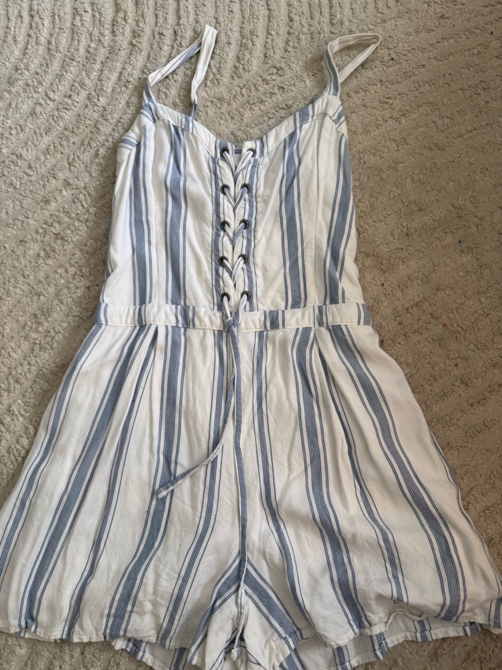 Hollister White and Light Blue Striped Lace-Up Romper